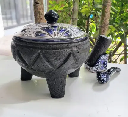 Handmade Volcanic Stone Molcajete – 8” Mexican Mortar & Pestle with Talavera Lid and Spoon | Authentic Guacamole Bowl | Artisan Kitchenware