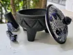 Handmade Volcanic Stone Molcajete – 8” Mexican Mortar & Pestle with Talavera Lid and Spoon | Authentic Guacamole Bowl | Artisan Kitchenware - Image 2