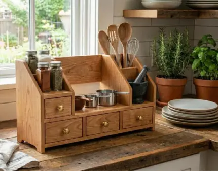 Wooden Kitchen Countertop Organizer Stand with Drawers